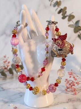 Sparkling Pink Gold Silver Red Beaded Bag Purse Charm Flying Pig